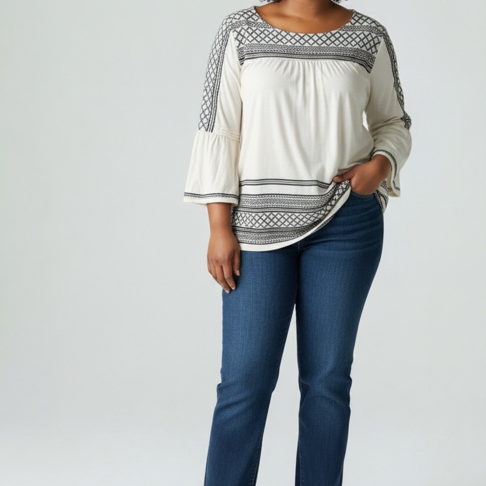 J. Jill Cream and Black Embroidered Boho  Tunic Top XL